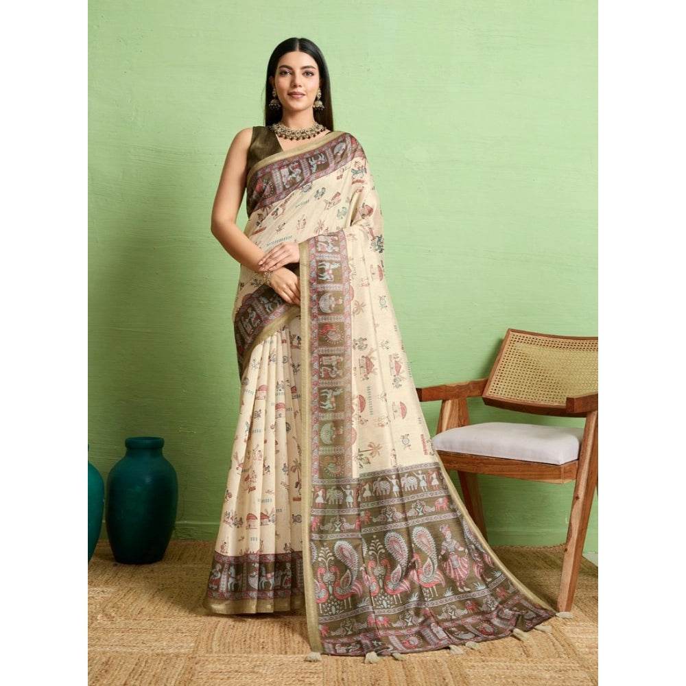 Generic Women's Silk Blend Printed Saree With Unstitched Blouse 5.5Mtr (Cream) - MYLUXURY LANE ENTERPRISE