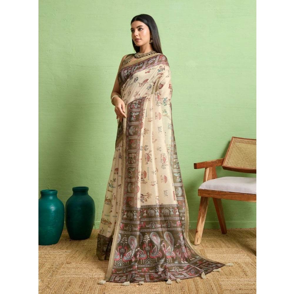Generic Women's Silk Blend Printed Saree With Unstitched Blouse 5.5Mtr (Cream) - MYLUXURY LANE ENTERPRISE