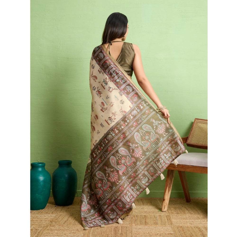 Generic Women's Silk Blend Printed Saree With Unstitched Blouse 5.5Mtr (Cream) - MYLUXURY LANE ENTERPRISE