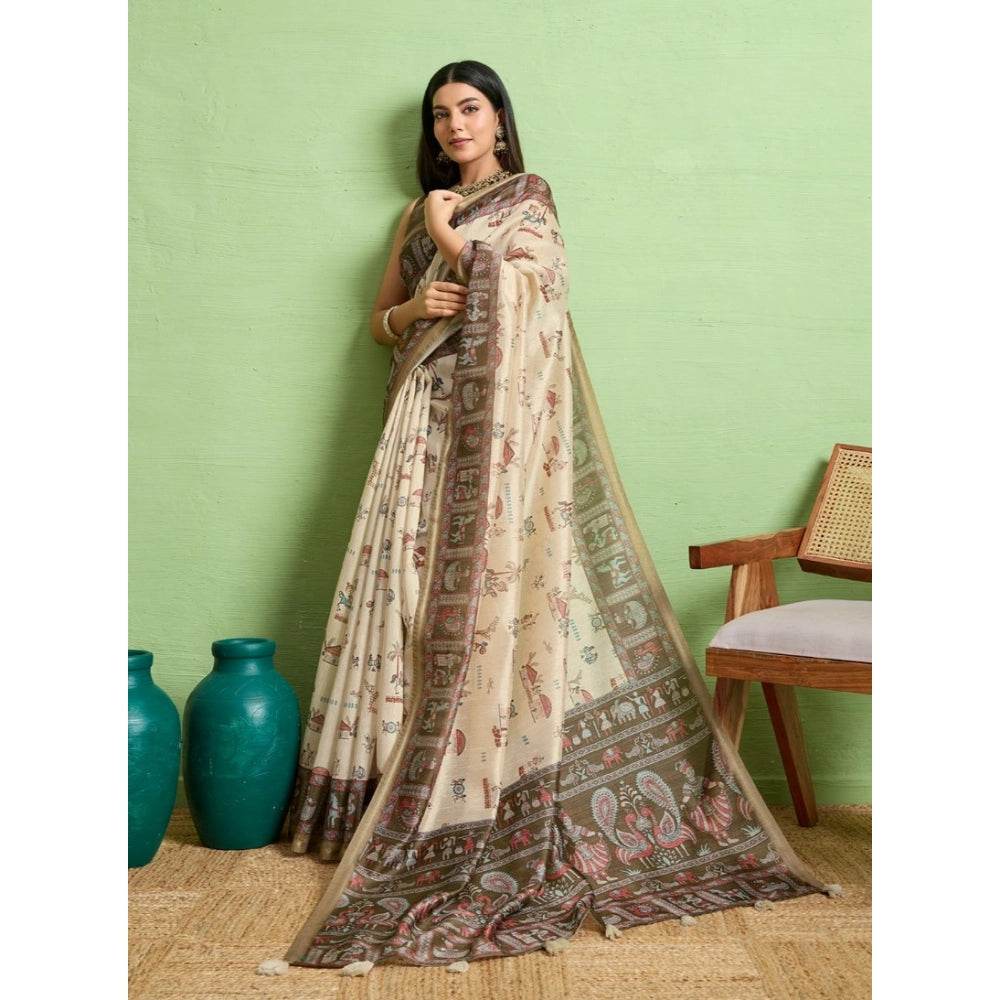 Generic Women's Silk Blend Printed Saree With Unstitched Blouse 5.5Mtr (Cream) - MYLUXURY LANE ENTERPRISE