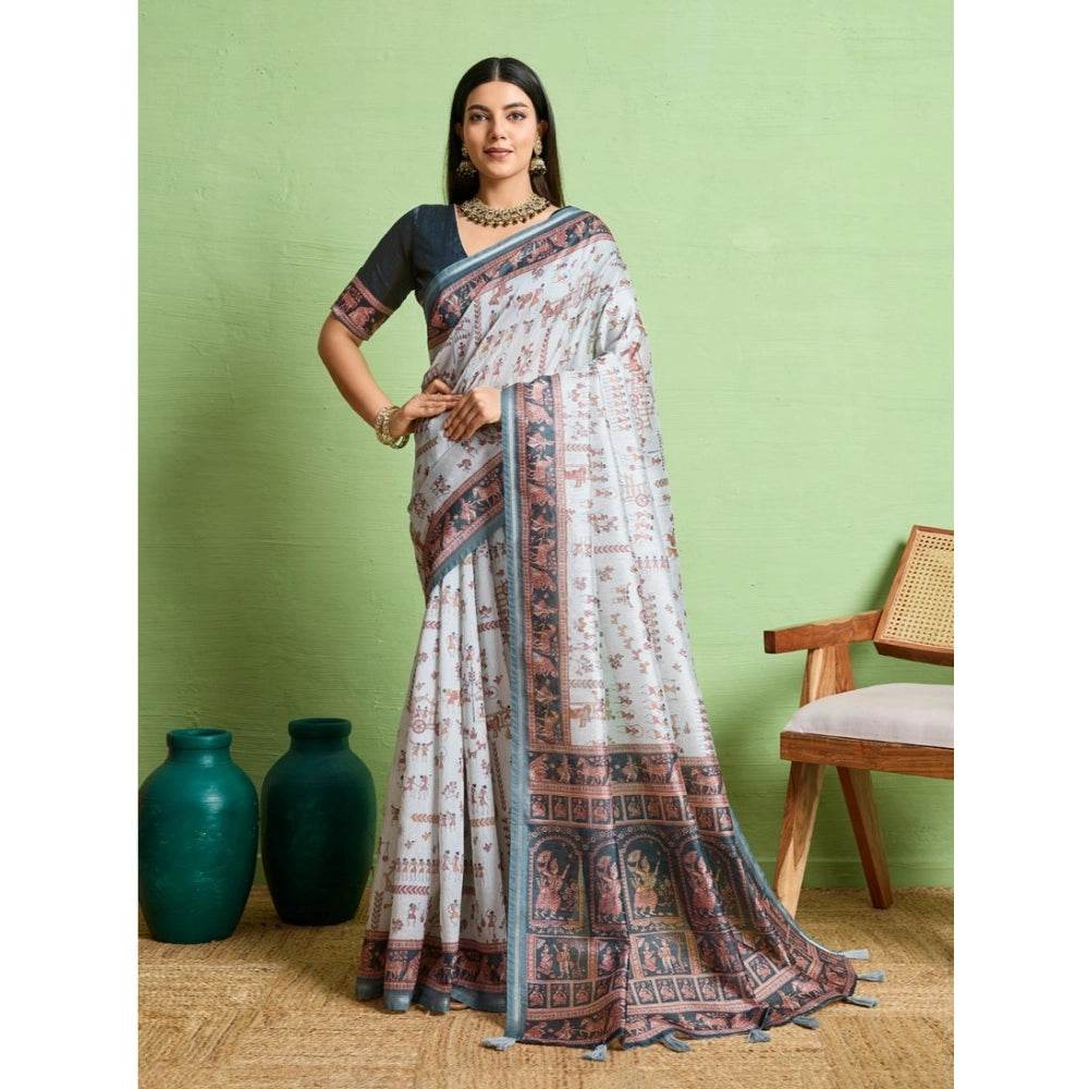Generic Women's Silk Blend Printed Saree With Unstitched Blouse 5.5Mtr (Grey) - MYLUXURY LANE ENTERPRISE