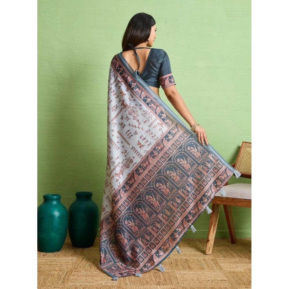 Generic Women's Silk Blend Printed Saree With Unstitched Blouse 5.5Mtr (Grey) - MYLUXURY LANE ENTERPRISE
