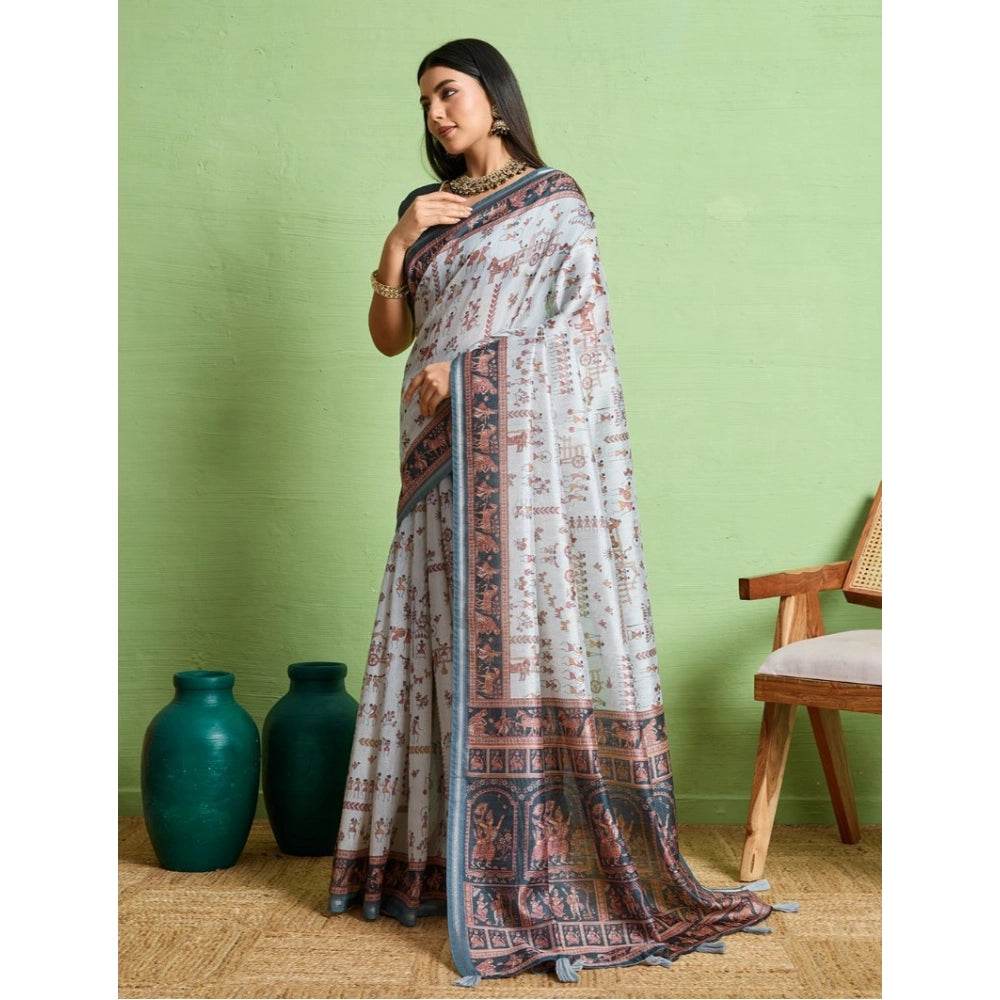 Generic Women's Silk Blend Printed Saree With Unstitched Blouse 5.5Mtr (Grey) - MYLUXURY LANE ENTERPRISE