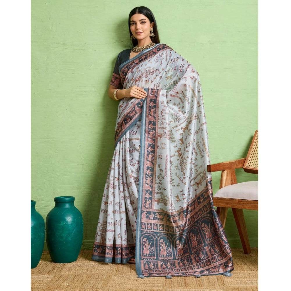 Generic Women's Silk Blend Printed Saree With Unstitched Blouse 5.5Mtr (Grey) - MYLUXURY LANE ENTERPRISE