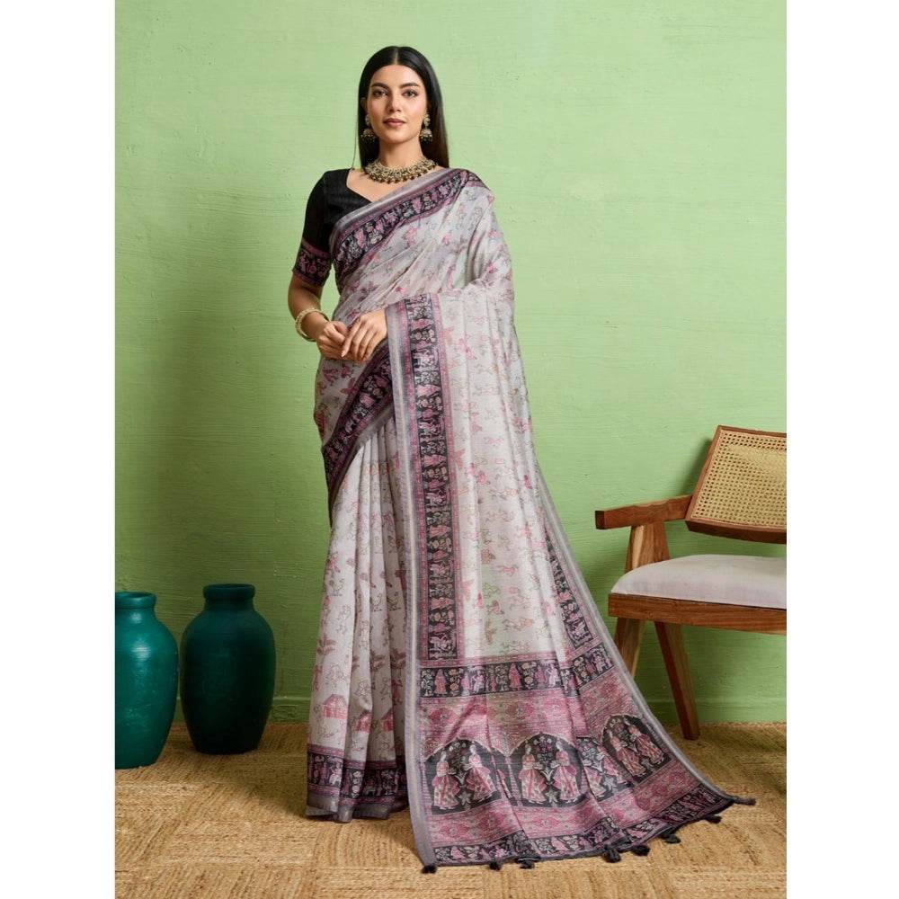 Generic Women's Silk Blend Printed Saree With Unstitched Blouse 5.5Mtr (Grey) - MYLUXURY LANE ENTERPRISE
