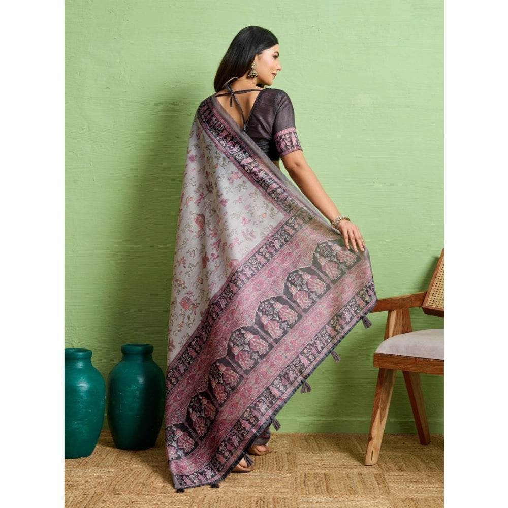 Generic Women's Silk Blend Printed Saree With Unstitched Blouse 5.5Mtr (Grey) - MYLUXURY LANE ENTERPRISE