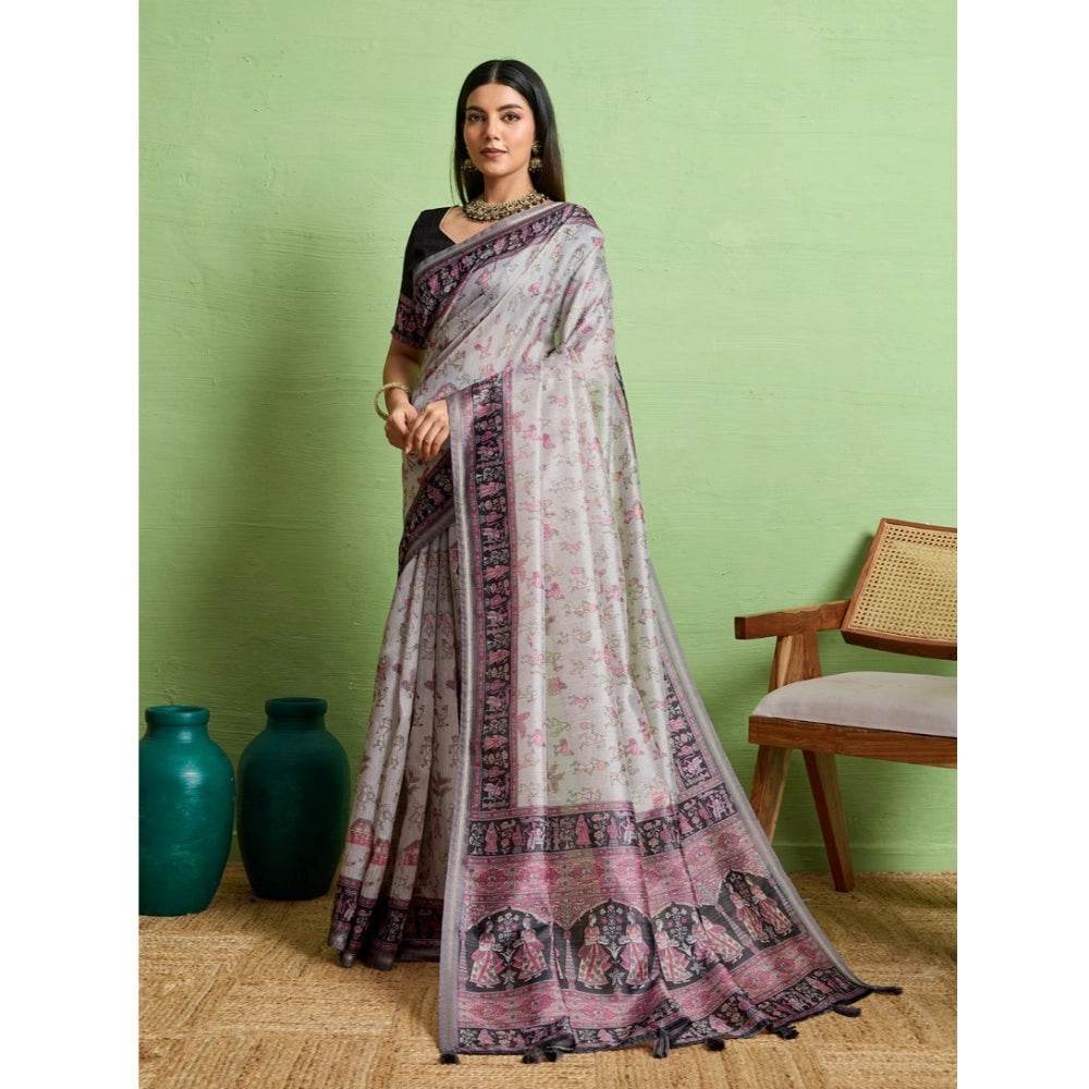 Generic Women's Silk Blend Printed Saree With Unstitched Blouse 5.5Mtr (Grey) - MYLUXURY LANE ENTERPRISE