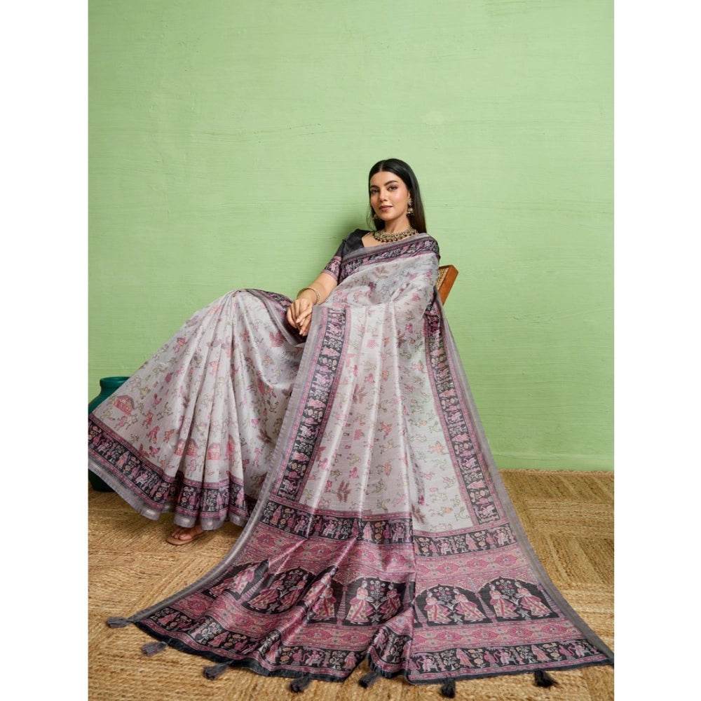 Generic Women's Silk Blend Printed Saree With Unstitched Blouse 5.5Mtr (Grey) - MYLUXURY LANE ENTERPRISE