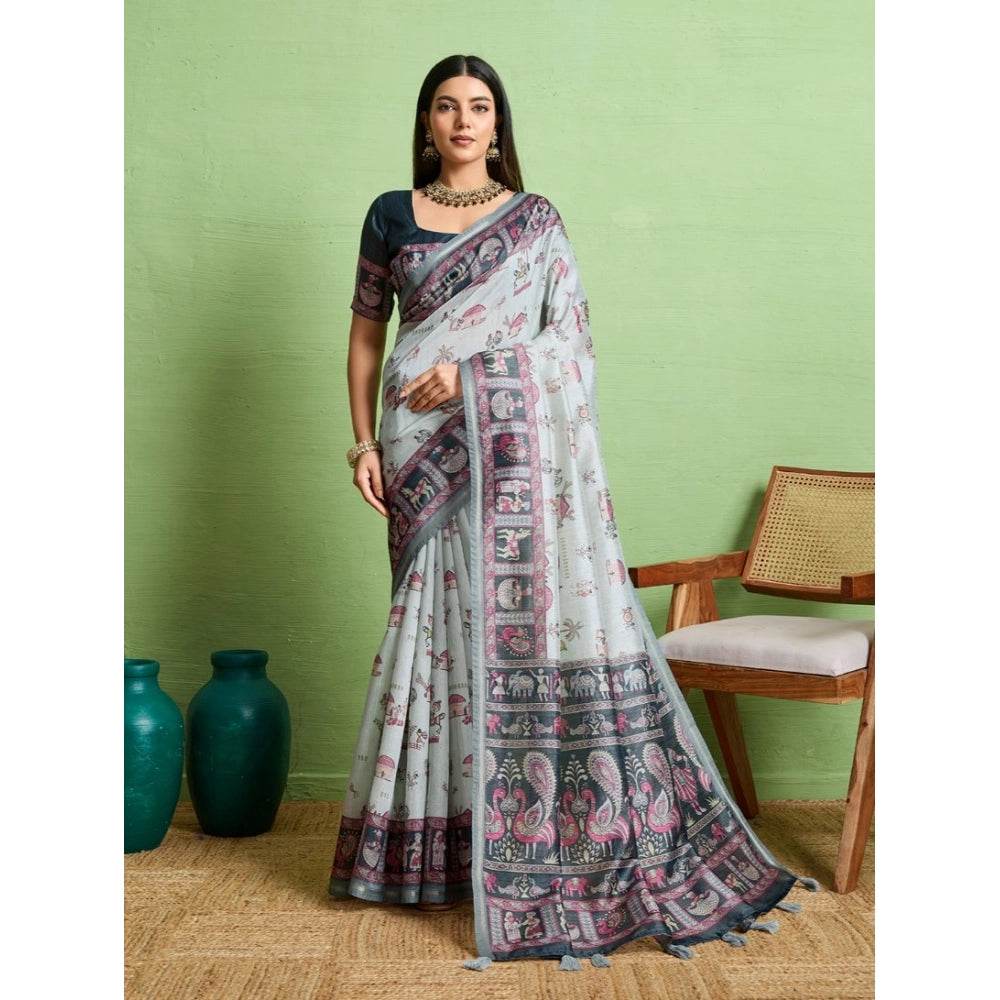 Generic Women's Silk Blend Printed Saree With Unstitched Blouse 5.5Mtr (Grey) - MYLUXURY LANE ENTERPRISE