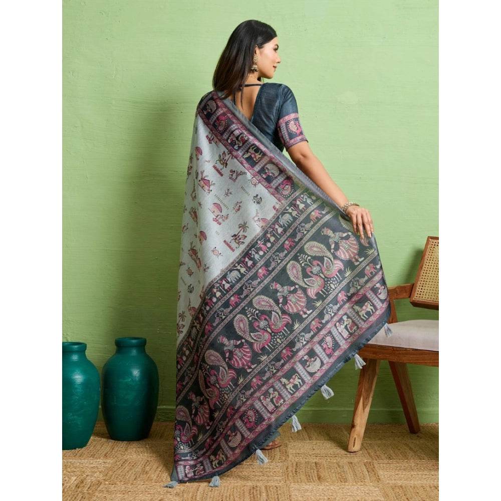 Generic Women's Silk Blend Printed Saree With Unstitched Blouse 5.5Mtr (Grey) - MYLUXURY LANE ENTERPRISE