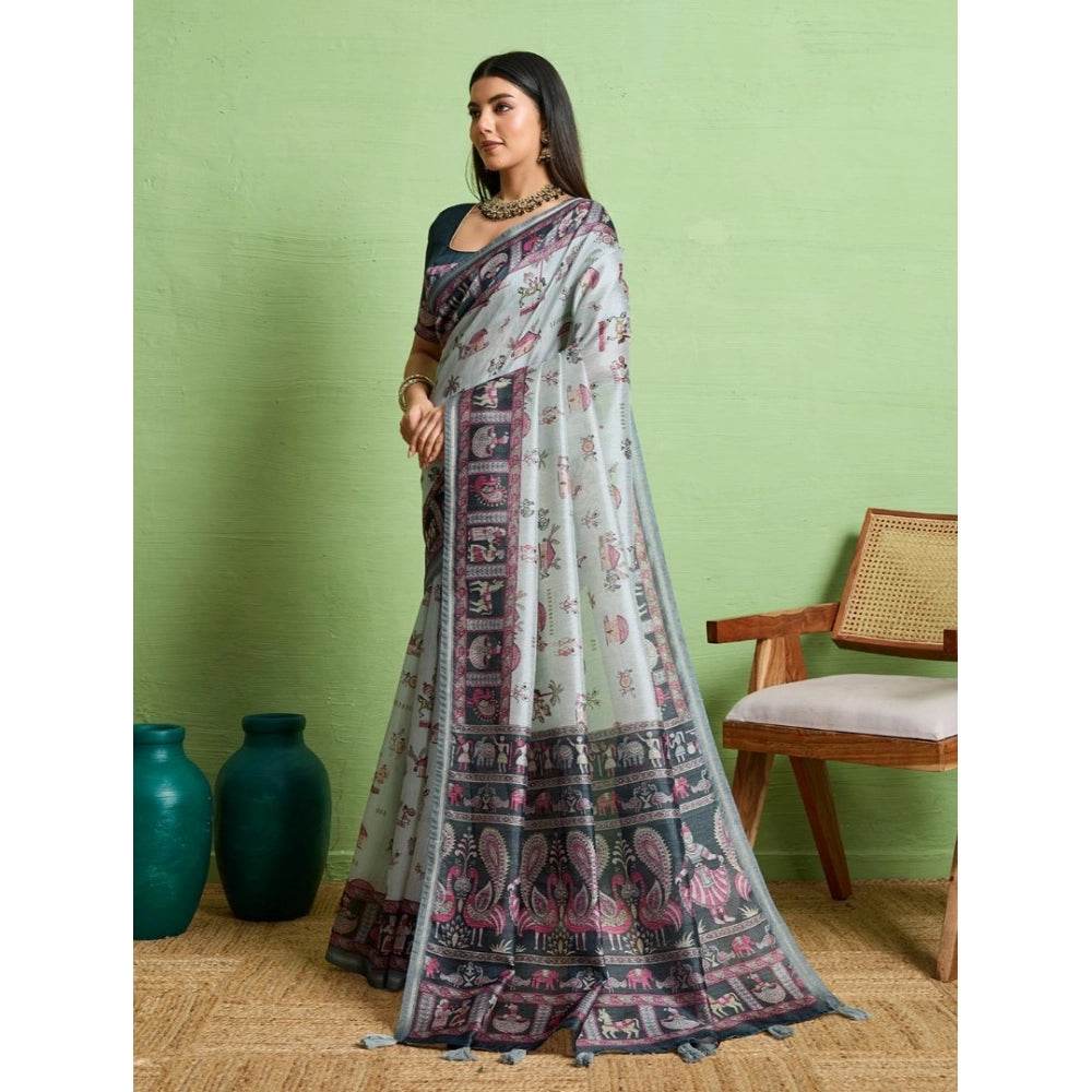 Generic Women's Silk Blend Printed Saree With Unstitched Blouse 5.5Mtr (Grey) - MYLUXURY LANE ENTERPRISE