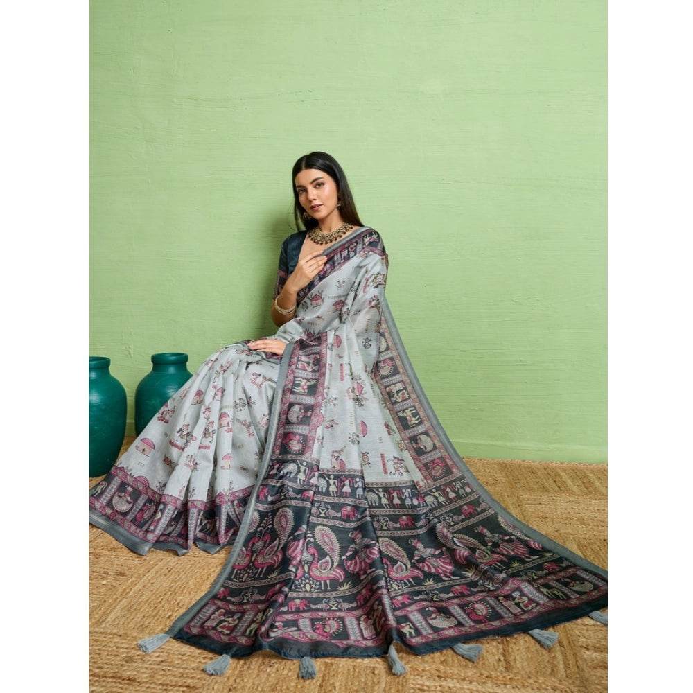 Generic Women's Silk Blend Printed Saree With Unstitched Blouse 5.5Mtr (Grey) - MYLUXURY LANE ENTERPRISE