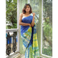 Generic Women's Linen Printed Saree With Unstitched Blouse 5.5Mtr (Blue) - MYLUXURY LANE ENTERPRISE