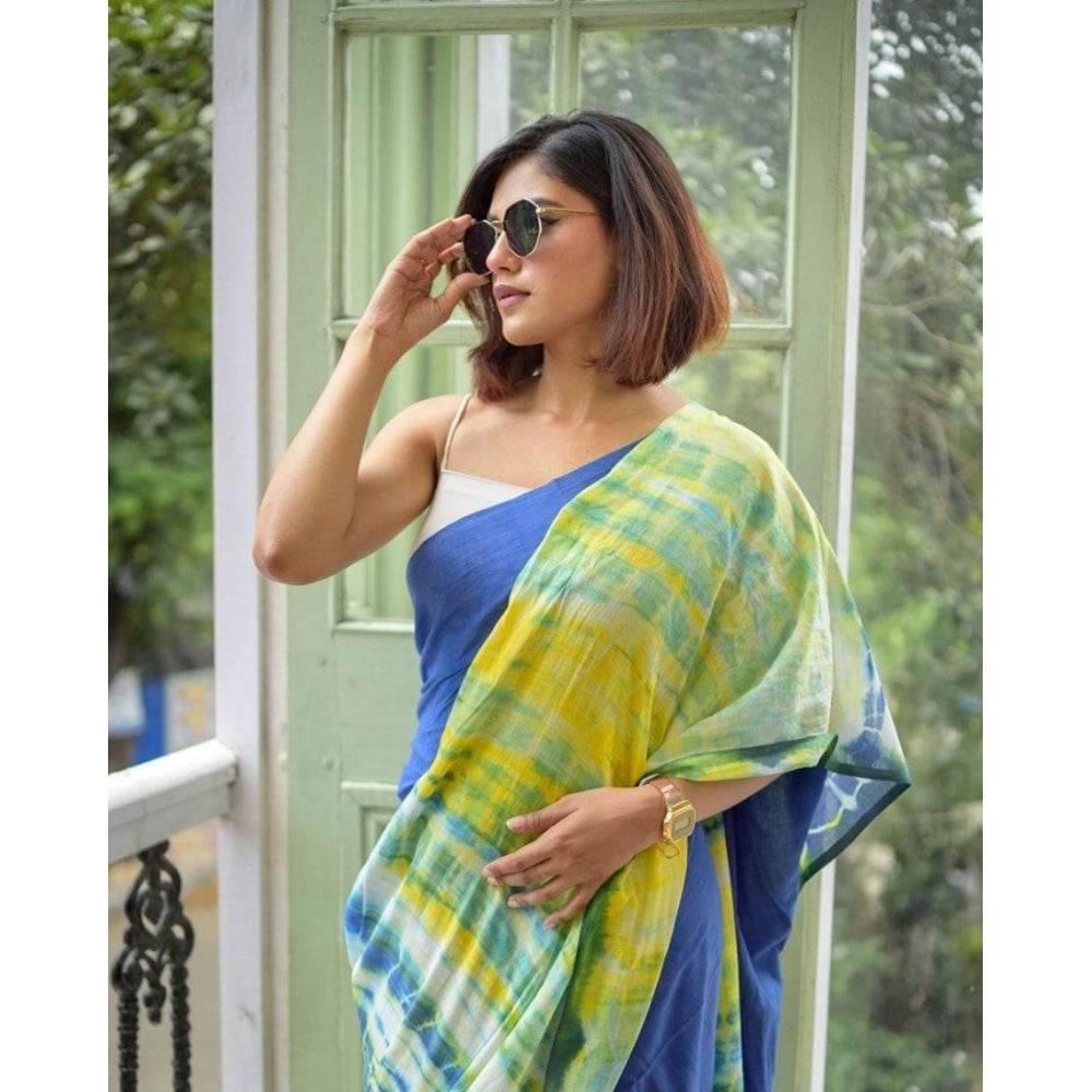 Generic Women's Linen Printed Saree With Unstitched Blouse 5.5Mtr (Blue) - MYLUXURY LANE ENTERPRISE
