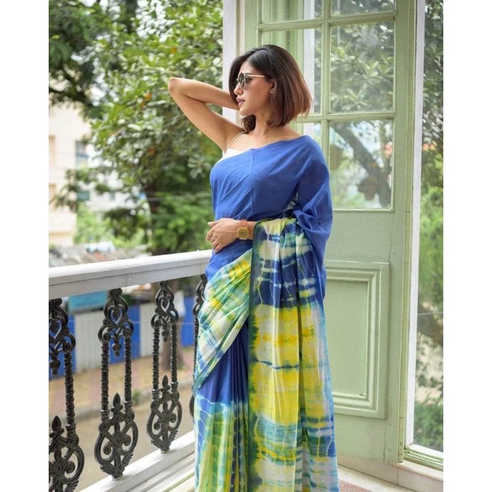 Generic Women's Linen Printed Saree With Unstitched Blouse 5.5Mtr (Blue) - MYLUXURY LANE ENTERPRISE