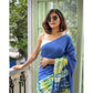Generic Women's Linen Printed Saree With Unstitched Blouse 5.5Mtr (Blue) - MYLUXURY LANE ENTERPRISE