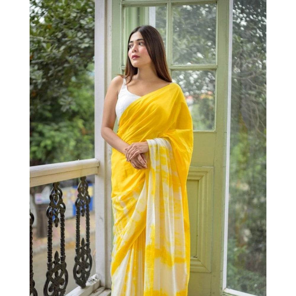 Generic Women's Linen Printed Saree With Unstitched Blouse 5.5Mtr (Yellow) - MYLUXURY LANE ENTERPRISE
