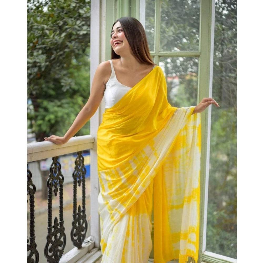 Generic Women's Linen Printed Saree With Unstitched Blouse 5.5Mtr (Yellow) - MYLUXURY LANE ENTERPRISE