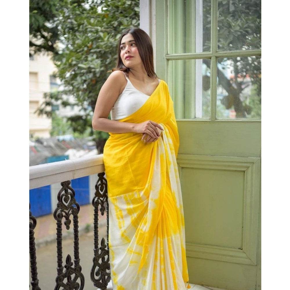 Generic Women's Linen Printed Saree With Unstitched Blouse 5.5Mtr (Yellow) - MYLUXURY LANE ENTERPRISE