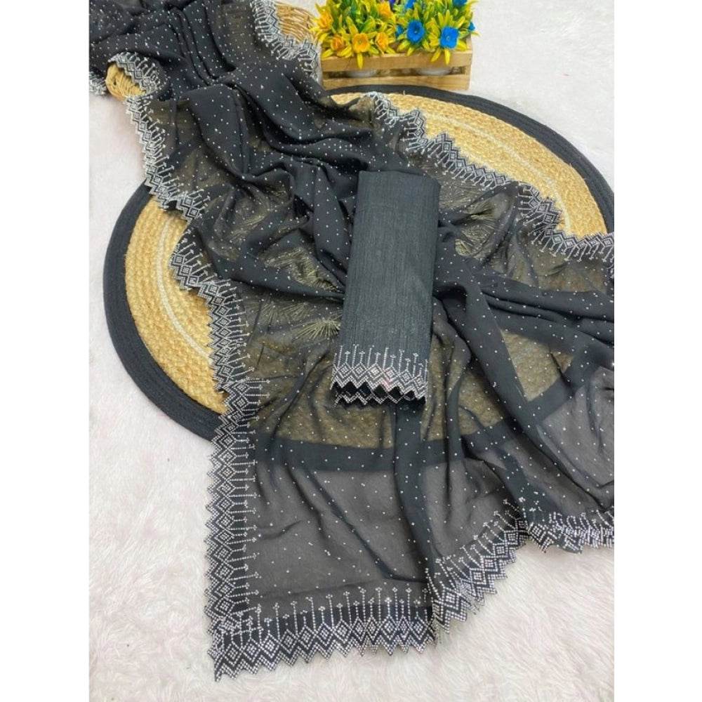 Generic Women's Georgette Stone Work Saree With Unstitched Blouse 5.5Mtr (Black) - MYLUXURY LANE ENTERPRISE