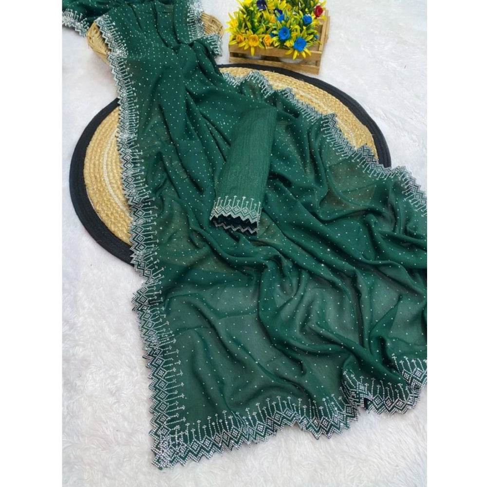 Generic Women's Georgette Stone Work Saree With Unstitched Blouse 5.5Mtr (Green) - MYLUXURY LANE ENTERPRISE