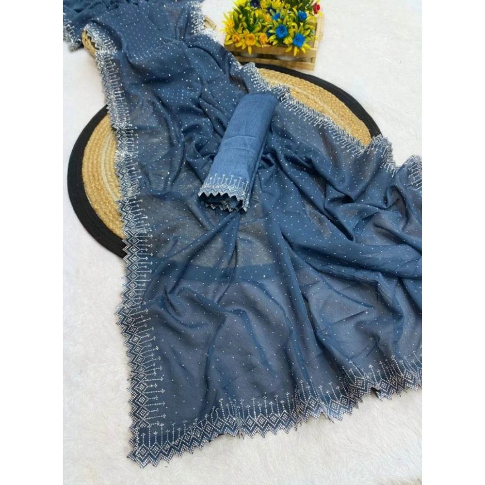 Generic Women's Georgette Stone Work Saree With Unstitched Blouse 5.5Mtr (Grey) - MYLUXURY LANE ENTERPRISE