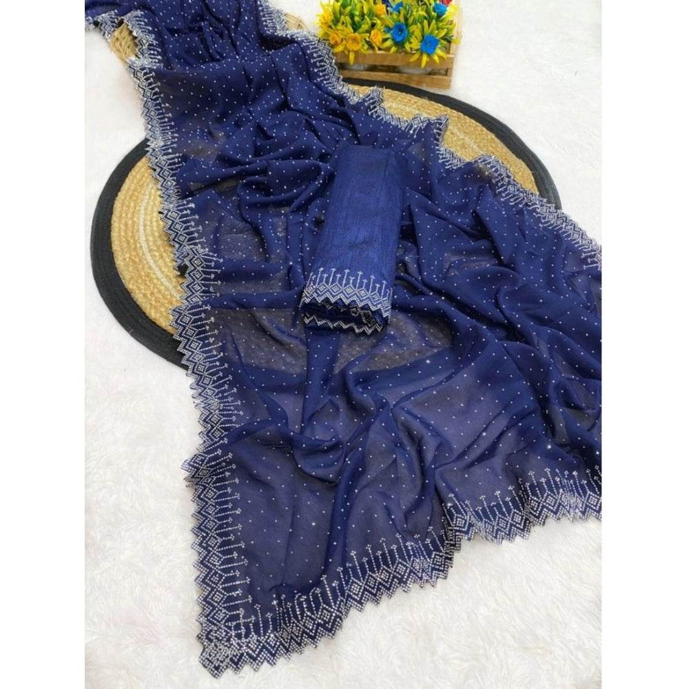 Generic Women's Georgette Stone Work Saree With Unstitched Blouse 5.5Mtr (Blue) - MYLUXURY LANE ENTERPRISE