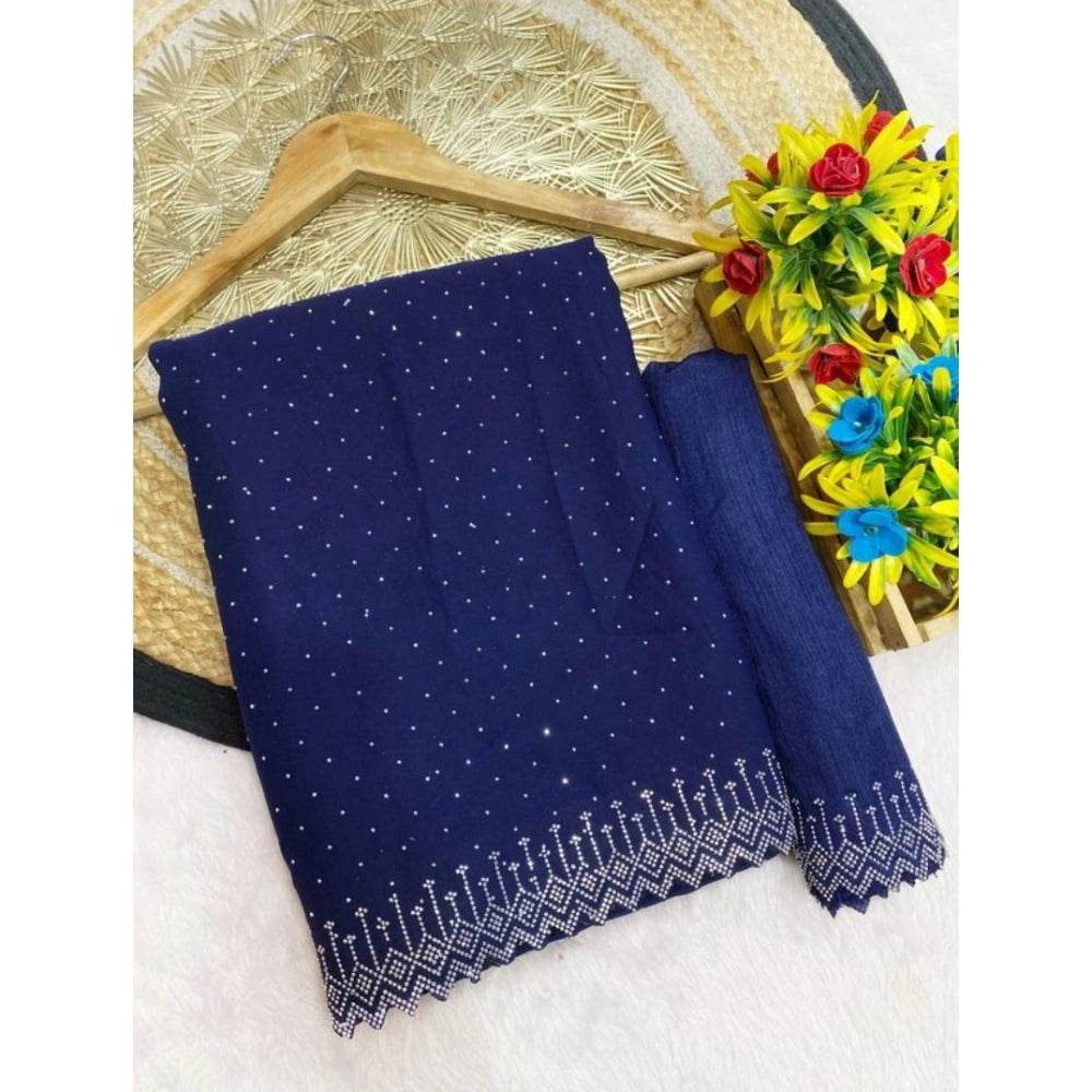 Generic Women's Georgette Stone Work Saree With Unstitched Blouse 5.5Mtr (Blue) - MYLUXURY LANE ENTERPRISE