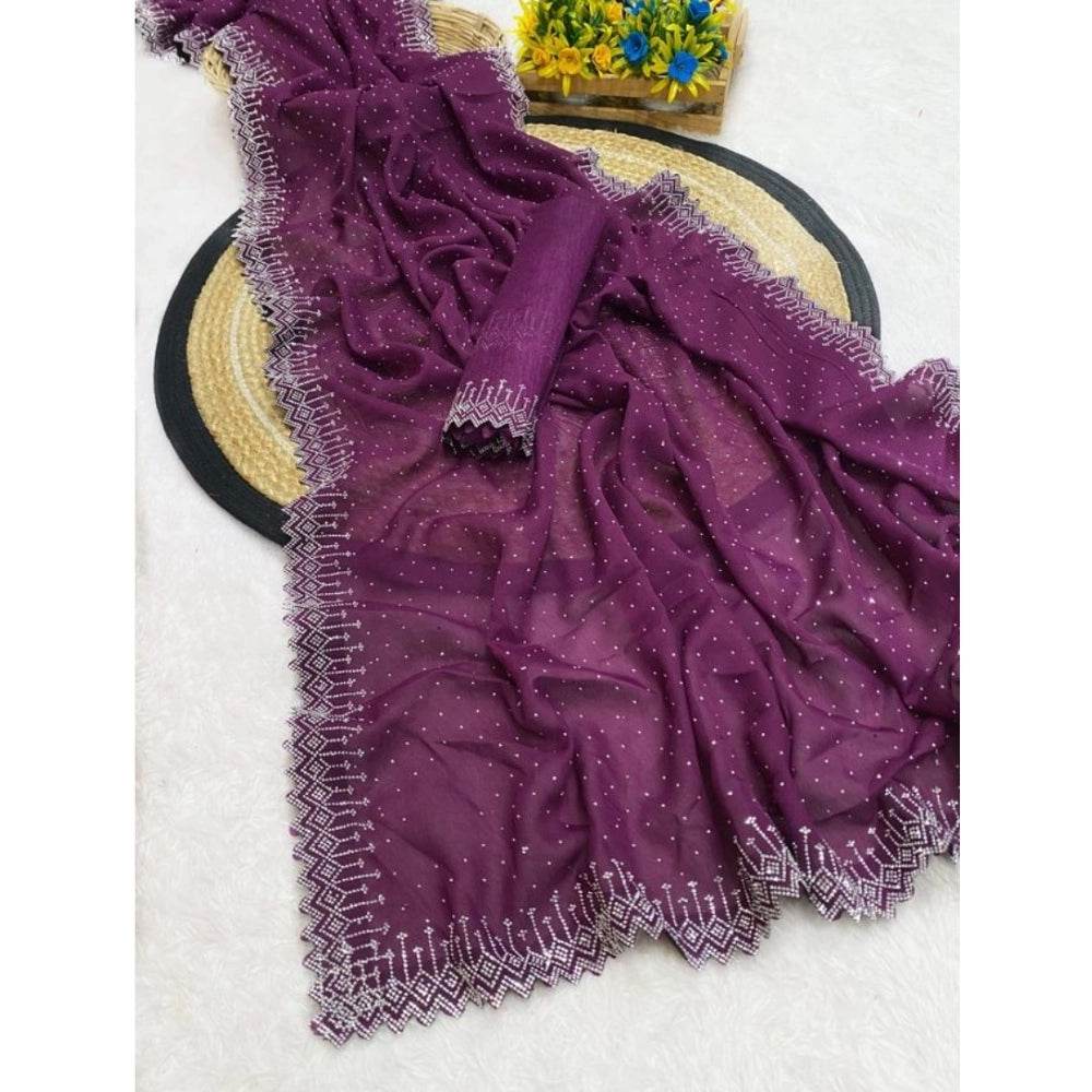 Generic Women's Georgette Stone Work Saree With Unstitched Blouse 5.5Mtr (Purple) - MYLUXURY LANE ENTERPRISE