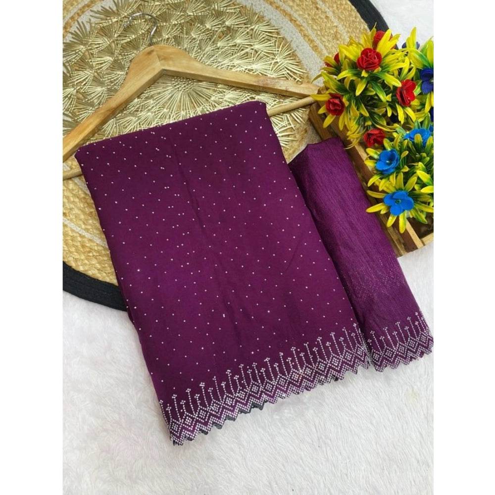 Generic Women's Georgette Stone Work Saree With Unstitched Blouse 5.5Mtr (Purple) - MYLUXURY LANE ENTERPRISE