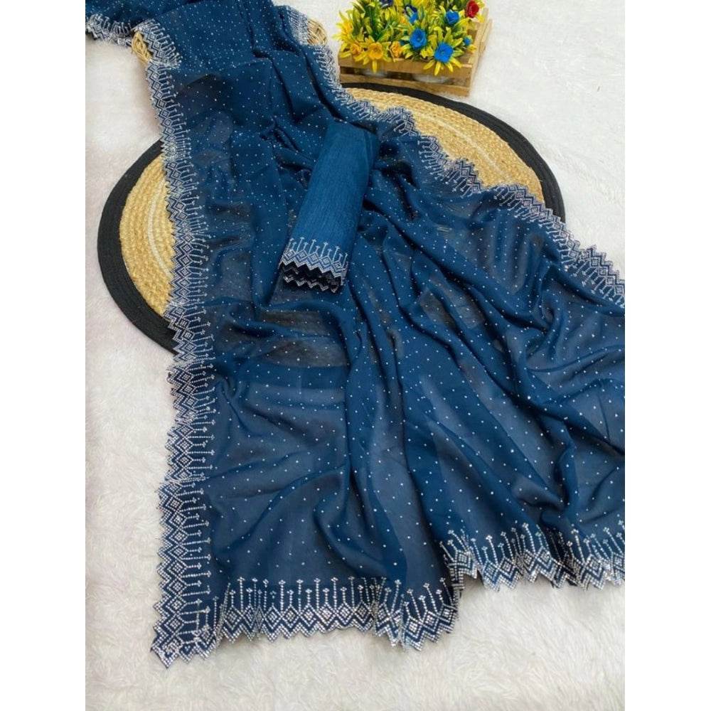 Generic Women's Georgette Stone Work Saree With Unstitched Blouse 5.5Mtr (Light Green) - MYLUXURY LANE ENTERPRISE