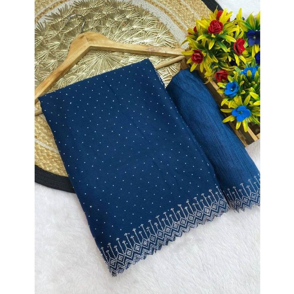 Generic Women's Georgette Stone Work Saree With Unstitched Blouse 5.5Mtr (Light Green) - MYLUXURY LANE ENTERPRISE