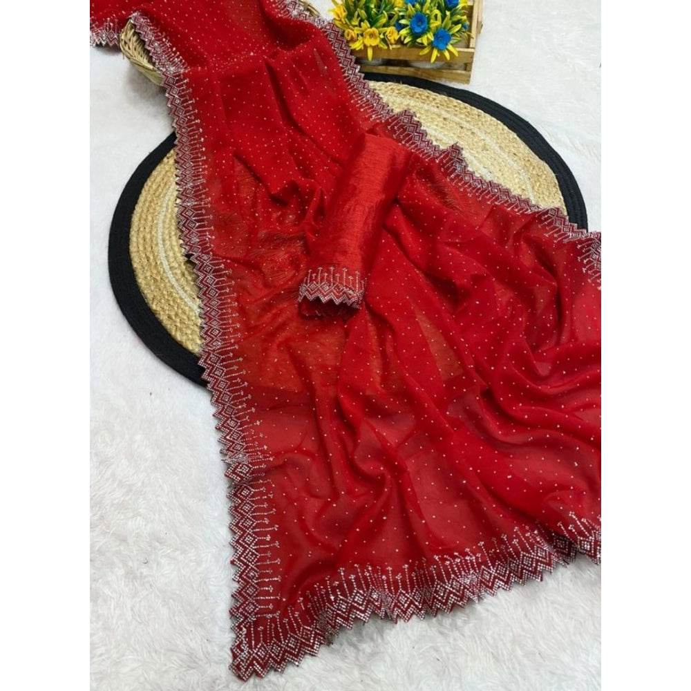 Generic Women's Georgette Stone Work Saree With Unstitched Blouse 5.5Mtr (Red) - MYLUXURY LANE ENTERPRISE
