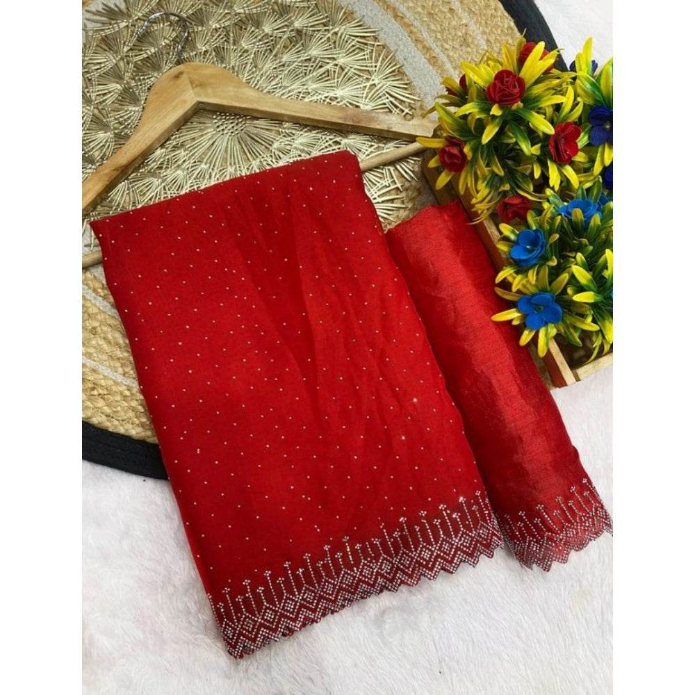 Generic Women's Georgette Stone Work Saree With Unstitched Blouse 5.5Mtr (Red) - MYLUXURY LANE ENTERPRISE