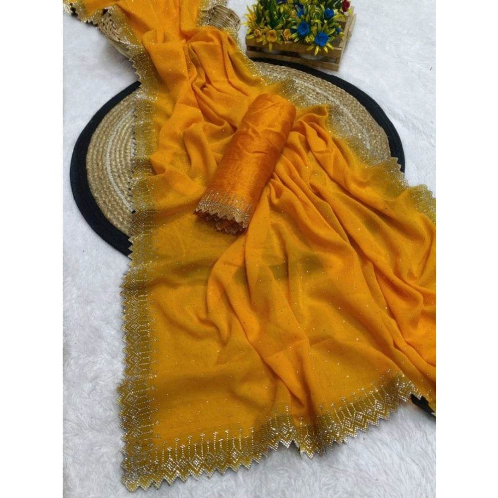 Generic Women's Georgette Stone Work Saree With Unstitched Blouse 5.5Mtr (Yellow) - MYLUXURY LANE ENTERPRISE
