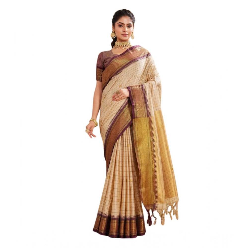 Generic Women's Silk Blended Jaquard Woven Saree With Unstitched Blouse 5.5Mtr (Beige) - MYLUXURY LANE ENTERPRISE