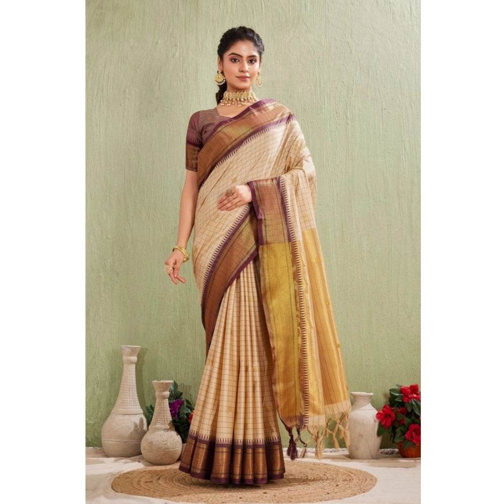 Generic Women's Silk Blended Jaquard Woven Saree With Unstitched Blouse 5.5Mtr (Beige) - MYLUXURY LANE ENTERPRISE