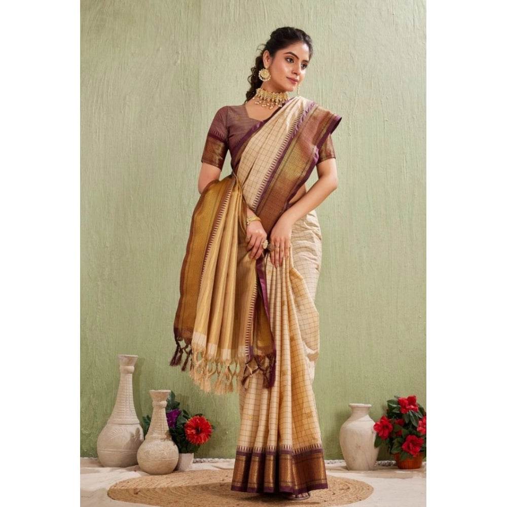 Generic Women's Silk Blended Jaquard Woven Saree With Unstitched Blouse 5.5Mtr (Beige) - MYLUXURY LANE ENTERPRISE