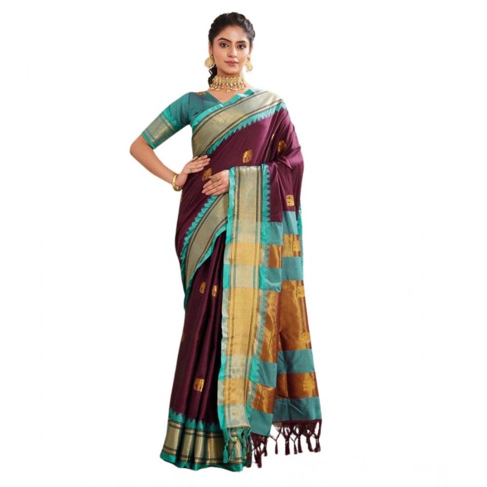 Generic Women's Silk Blended Jaquard Woven Saree With Unstitched Blouse 5.5Mtr (Purple) - MYLUXURY LANE ENTERPRISE