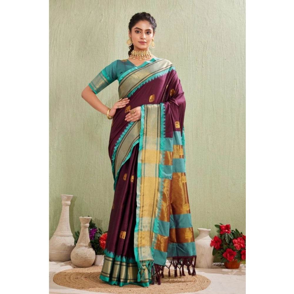 Generic Women's Silk Blended Jaquard Woven Saree With Unstitched Blouse 5.5Mtr (Purple) - MYLUXURY LANE ENTERPRISE