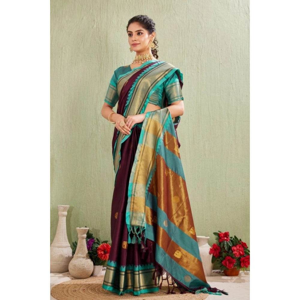 Generic Women's Silk Blended Jaquard Woven Saree With Unstitched Blouse 5.5Mtr (Purple) - MYLUXURY LANE ENTERPRISE