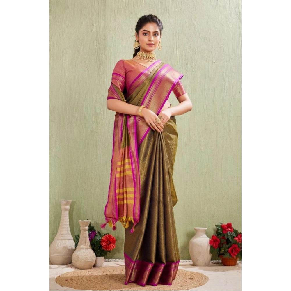 Generic Women's Silk Blended Jaquard Woven Saree With Unstitched Blouse 5.5Mtr (Green) - MYLUXURY LANE ENTERPRISE