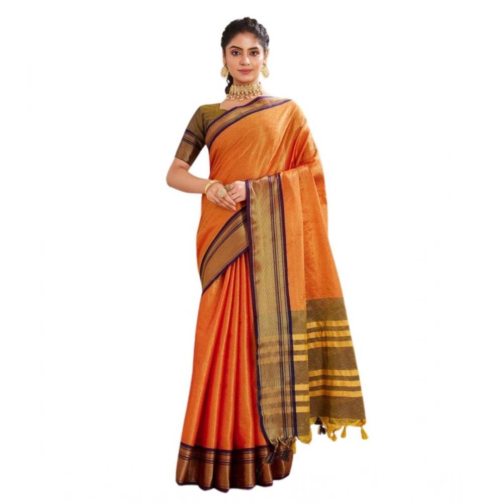 Generic Women's Silk Blended Jaquard Woven Saree With Unstitched Blouse 5.5Mtr (Orange) - MYLUXURY LANE ENTERPRISE