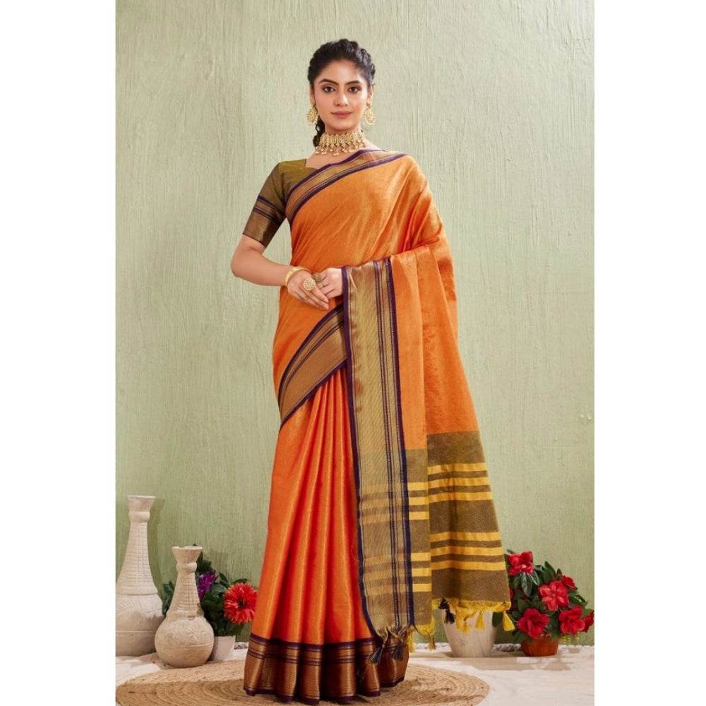 Generic Women's Silk Blended Jaquard Woven Saree With Unstitched Blouse 5.5Mtr (Orange) - MYLUXURY LANE ENTERPRISE
