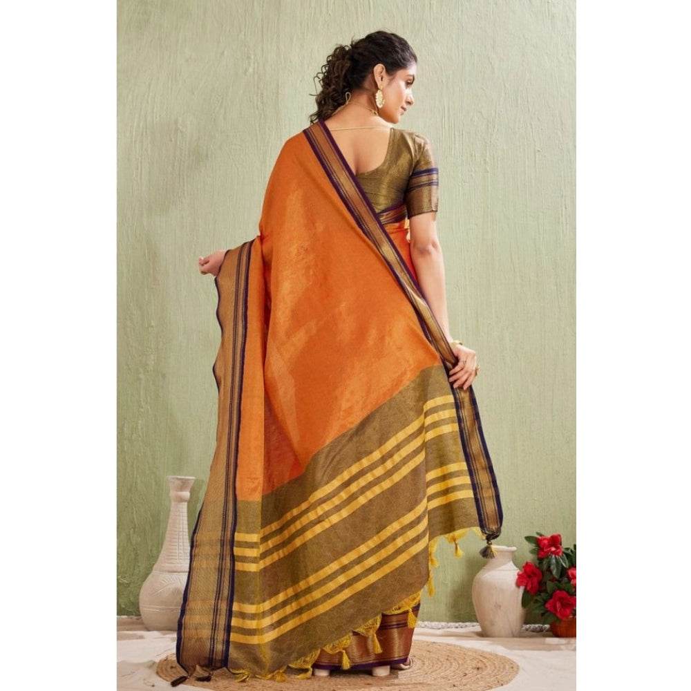 Generic Women's Silk Blended Jaquard Woven Saree With Unstitched Blouse 5.5Mtr (Orange) - MYLUXURY LANE ENTERPRISE