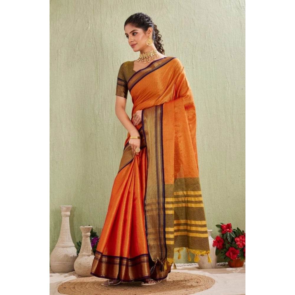 Generic Women's Silk Blended Jaquard Woven Saree With Unstitched Blouse 5.5Mtr (Orange) - MYLUXURY LANE ENTERPRISE