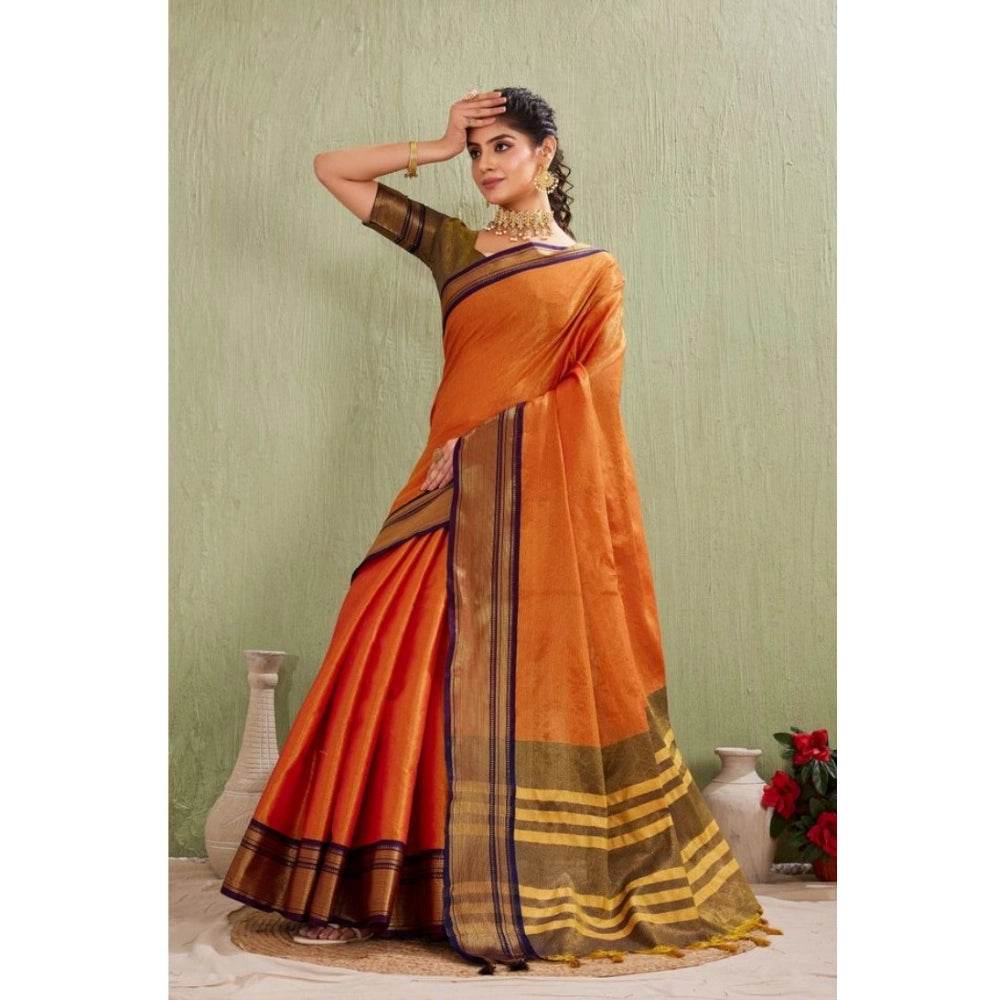 Generic Women's Silk Blended Jaquard Woven Saree With Unstitched Blouse 5.5Mtr (Orange) - MYLUXURY LANE ENTERPRISE