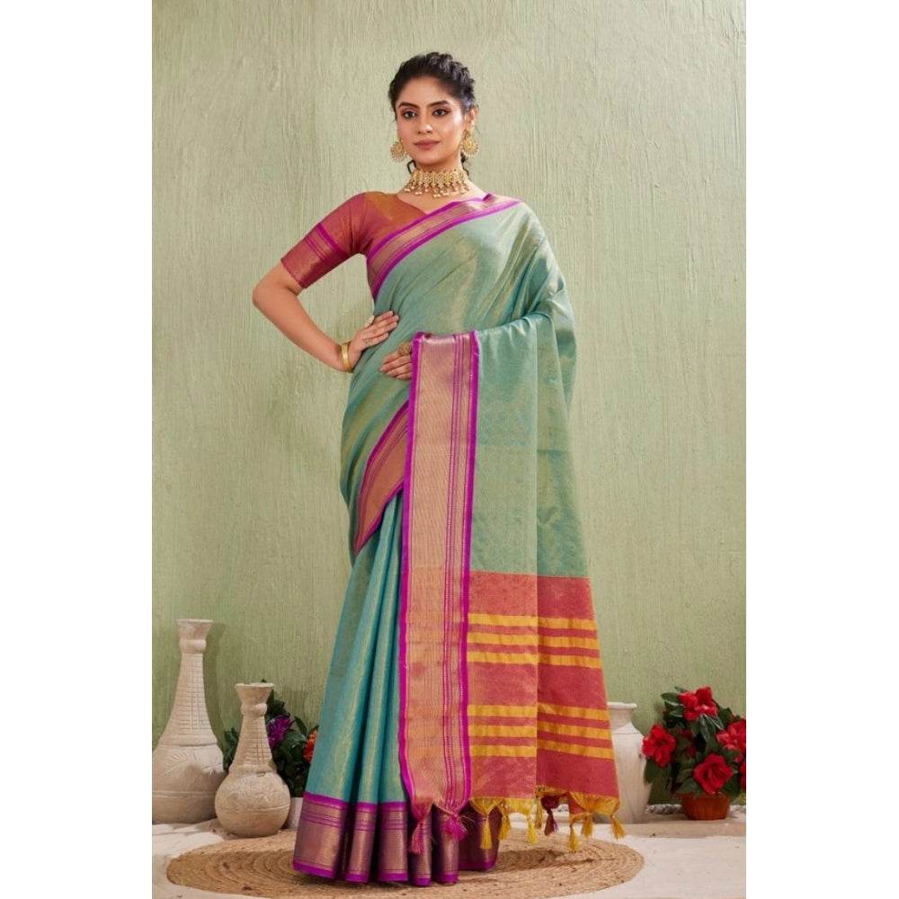Generic Women's Silk Blended Jaquard Woven Saree With Unstitched Blouse 5.5Mtr (Light Green) - MYLUXURY LANE ENTERPRISE
