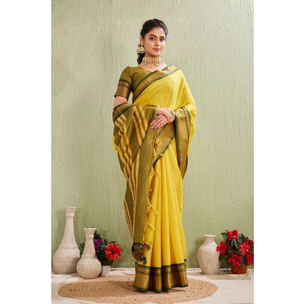 Generic Women's Silk Blended Jaquard Woven Saree With Unstitched Blouse 5.5Mtr (Yellow) - MYLUXURY LANE ENTERPRISE
