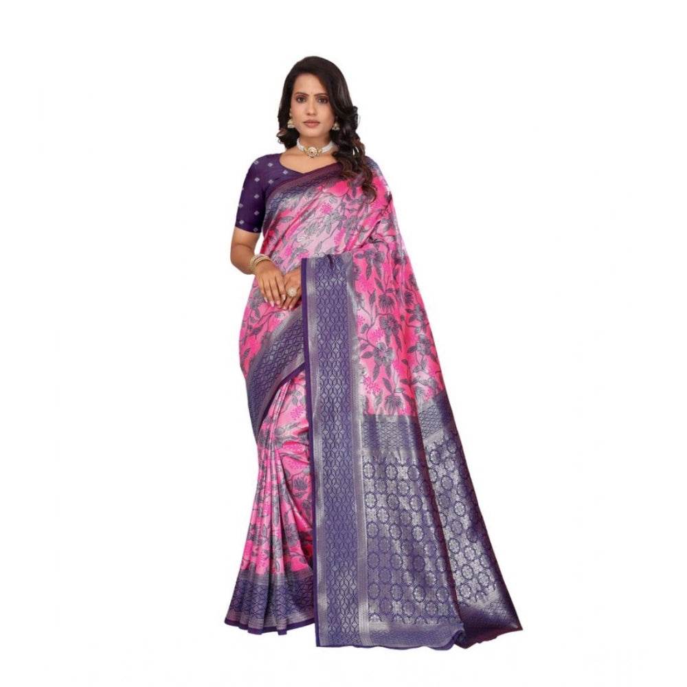 Generic Women's Banarasi Silk Jaquard Woven Saree With Unstitched Blouse 5.5Mtr (Pink) - MYLUXURY LANE ENTERPRISE